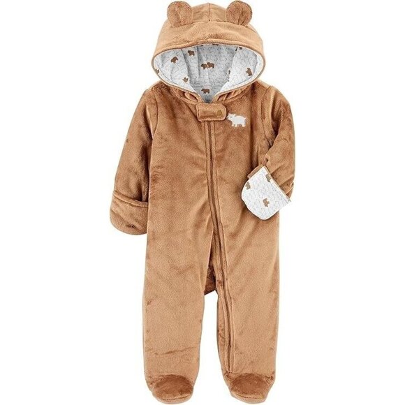 Simple Joys by Carter's Baby Fleece Footed Jumpsuit Pram Brown Bear Newborn - Picture 2 of 9